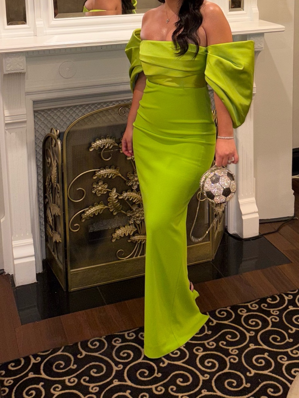 Solace London Neon Lime Green Off-Shoulder Gown with Statement Puff Sleeves - Picture 6 of 6